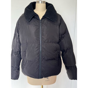 Women's Threadbare Puffer Jacket Size L Black with Sherpa Collar pockets